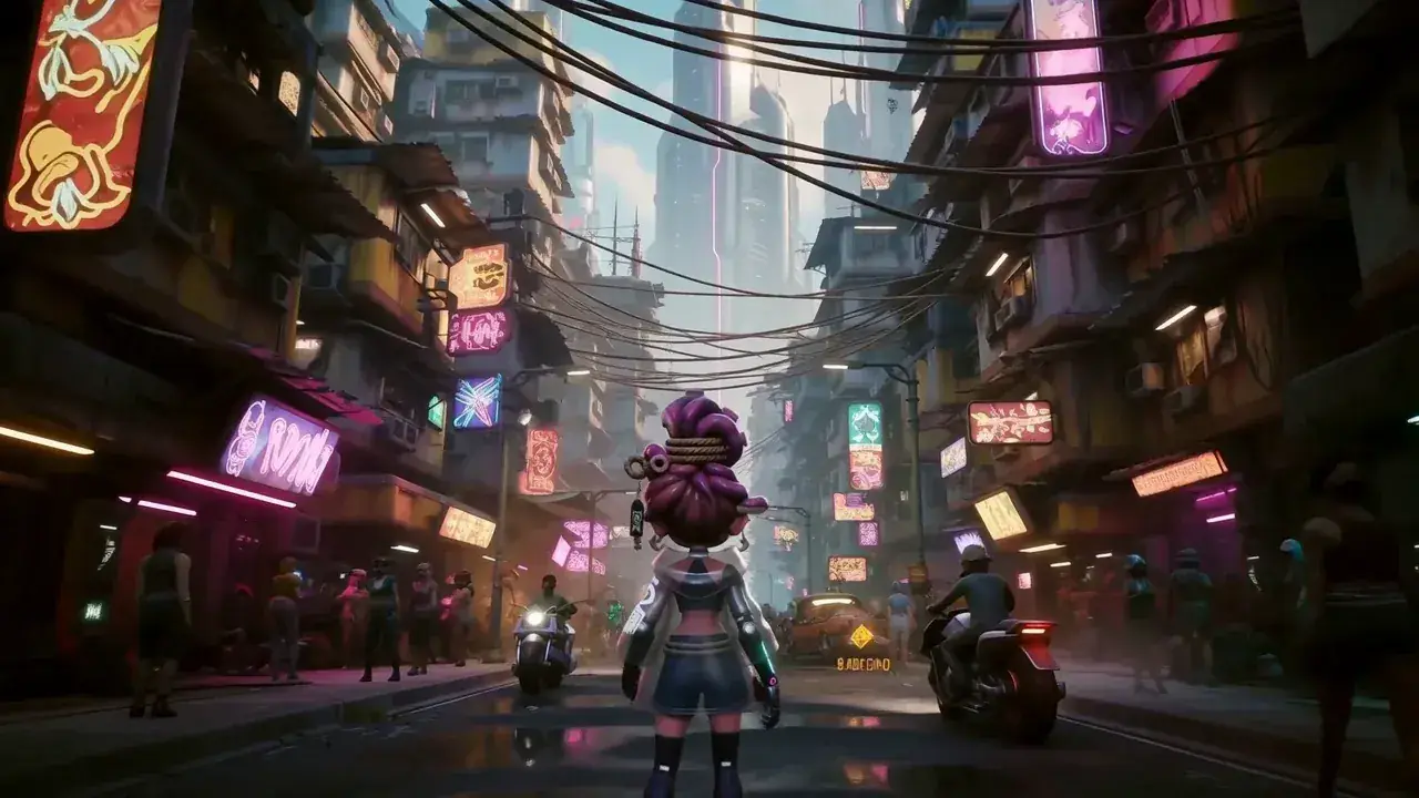 A rain-soaked neon alley at night
