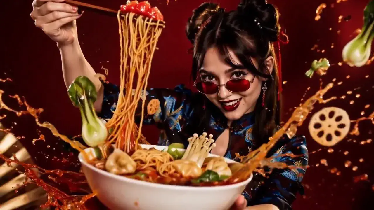 A bowl of noodles pushed towards camera against deep red, steam still rising