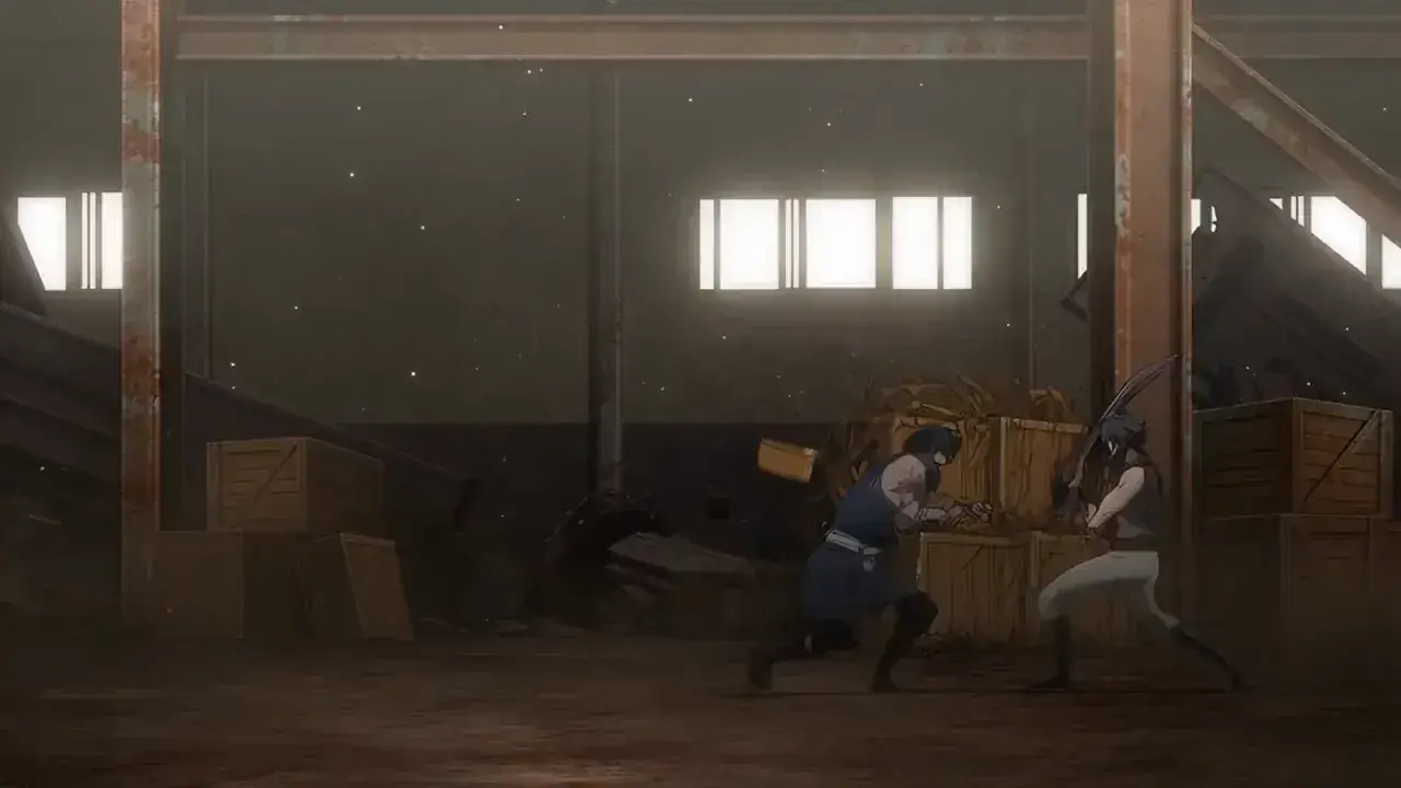 Two anime rivals trading blows across an abandoned factory floor