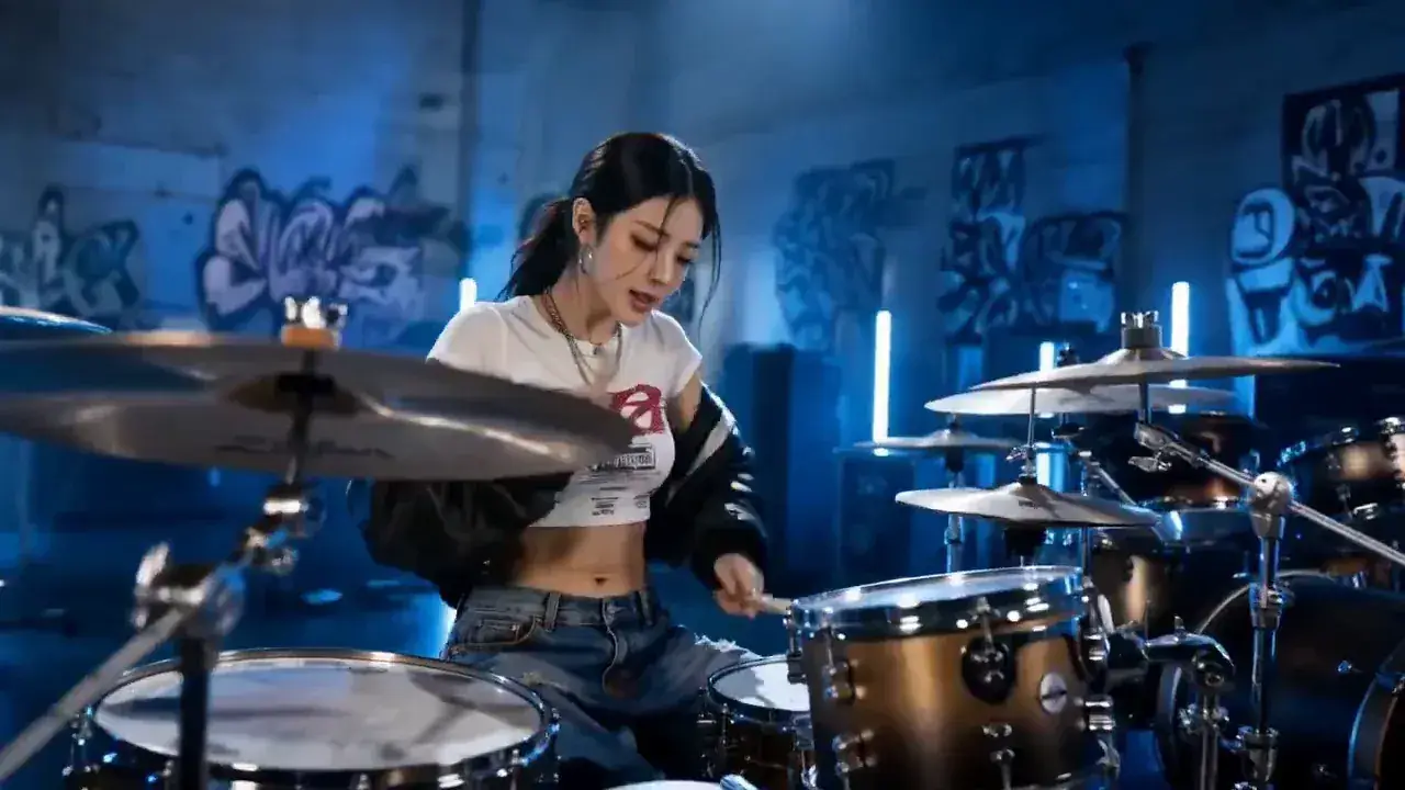 A woman in a blue-lit studio rapping and playing drums, bomber jacket off her shoulders