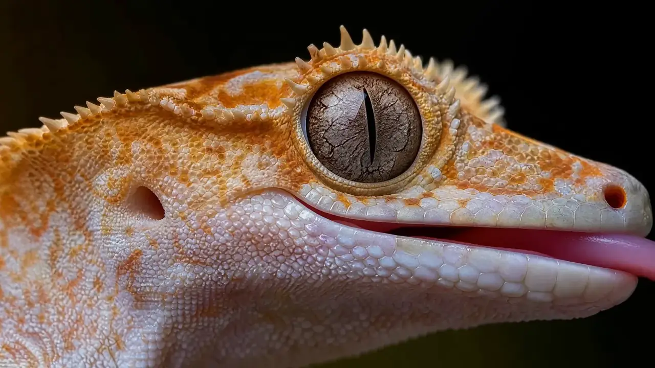 The same gecko frame at native 2K — pebble scales, crest spines, cracked-earth iris