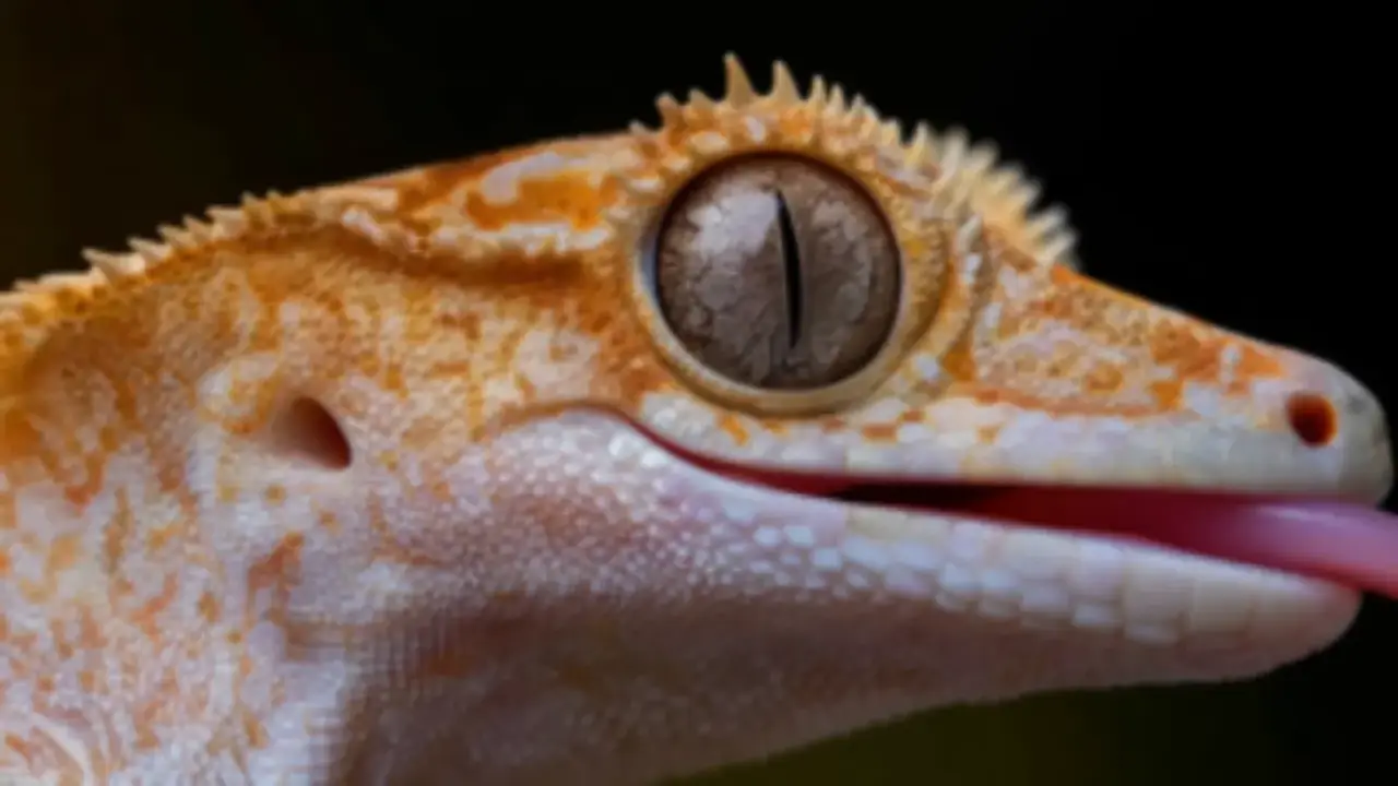 The same gecko frame, taken down and pushed back up — scales and iris gone soft