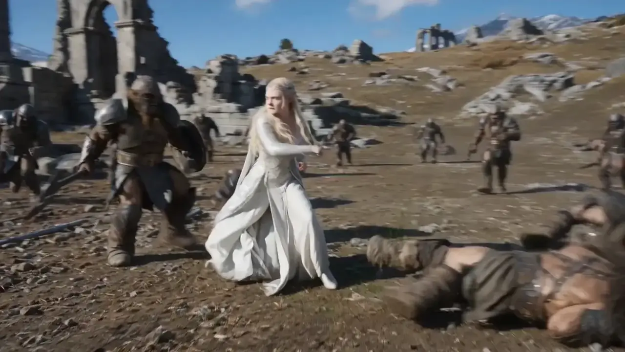 An elf princess in a silver battle gown cutting down orcs in daylight ruins — one continuous handheld shot