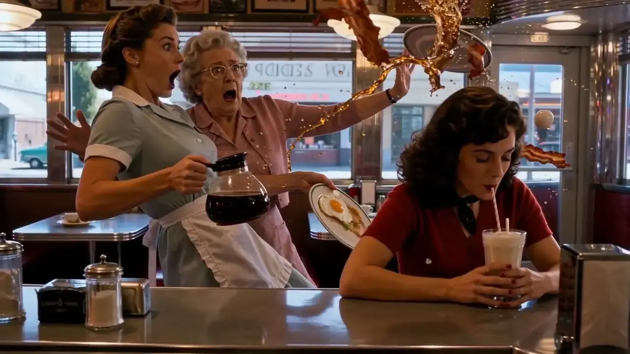 A 1950s diner freeze-frame — coffee and a fried egg hanging in the air while she keeps sipping