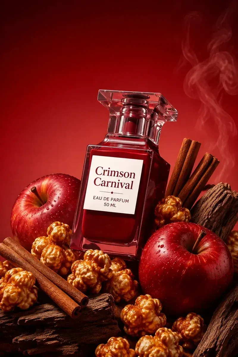 The still that went in: a Crimson Carnival perfume bottle among apples, cinnamon and caramel popcorn