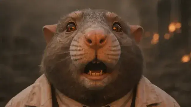 Macro of an anthropomorphic mouse — every whisker and the wet nose held sharp