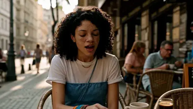 A freckled woman mid-sentence at an outdoor cafe table