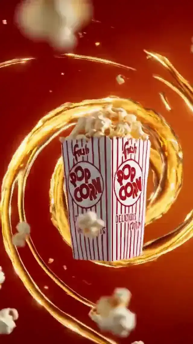 A red-and-white popcorn box, logo filling the frame
