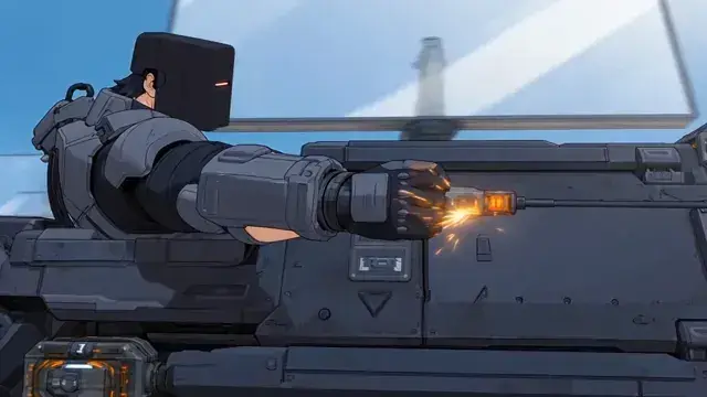 Anime-style welder in box-visor armour, sparks off a metal hull