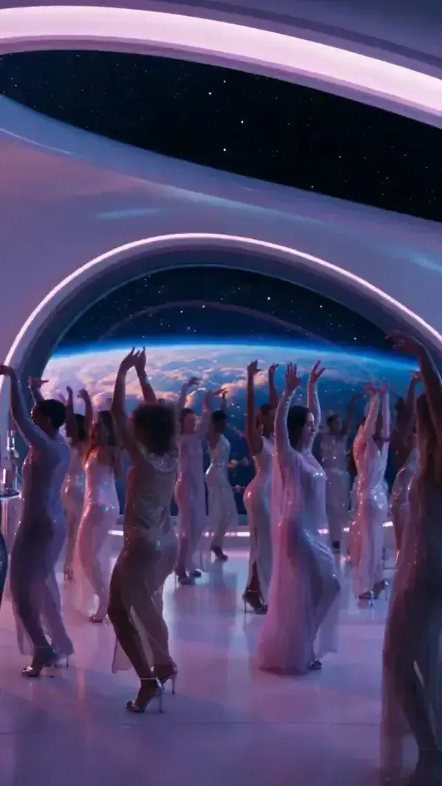 A vertical party montage in a white hall, Earth in the window behind the dancers