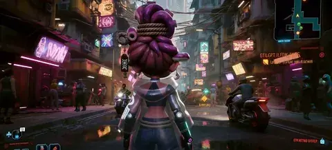 A neon-lit street at night, read for its grade