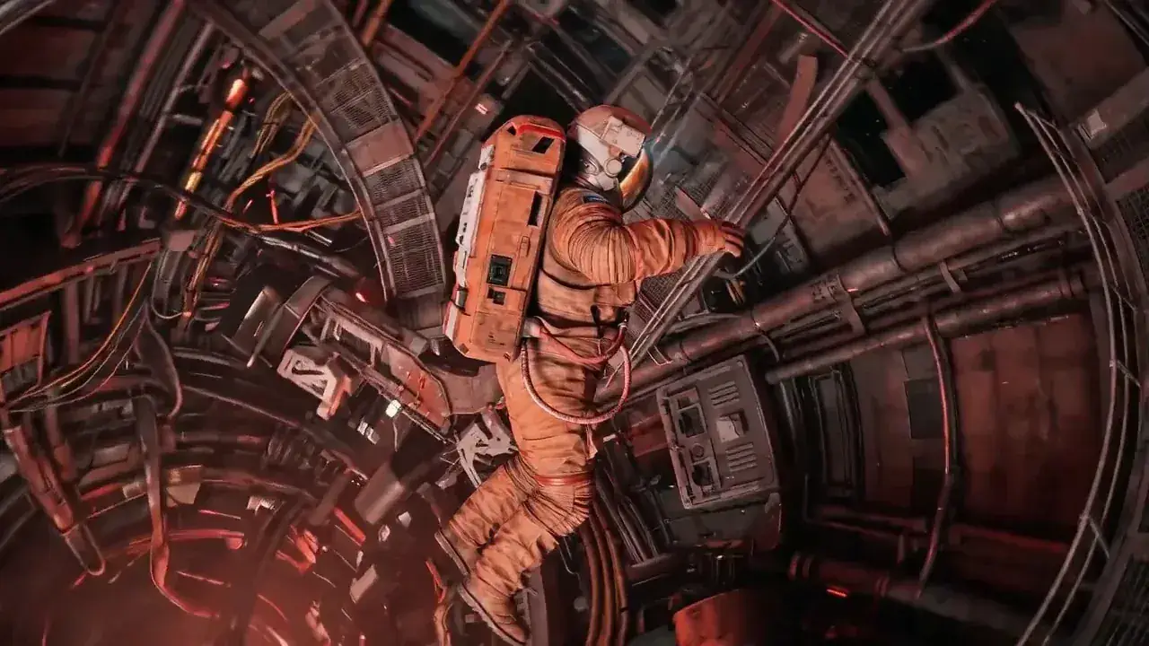 An astronaut floats inside a derelict space station lit red by Mars as the camera spirals