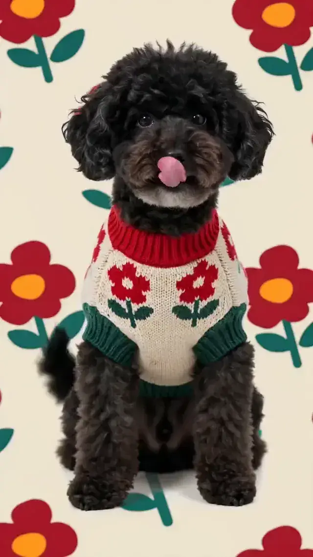 Four dogs modelling knitted sweaters against colour-matched studio sets