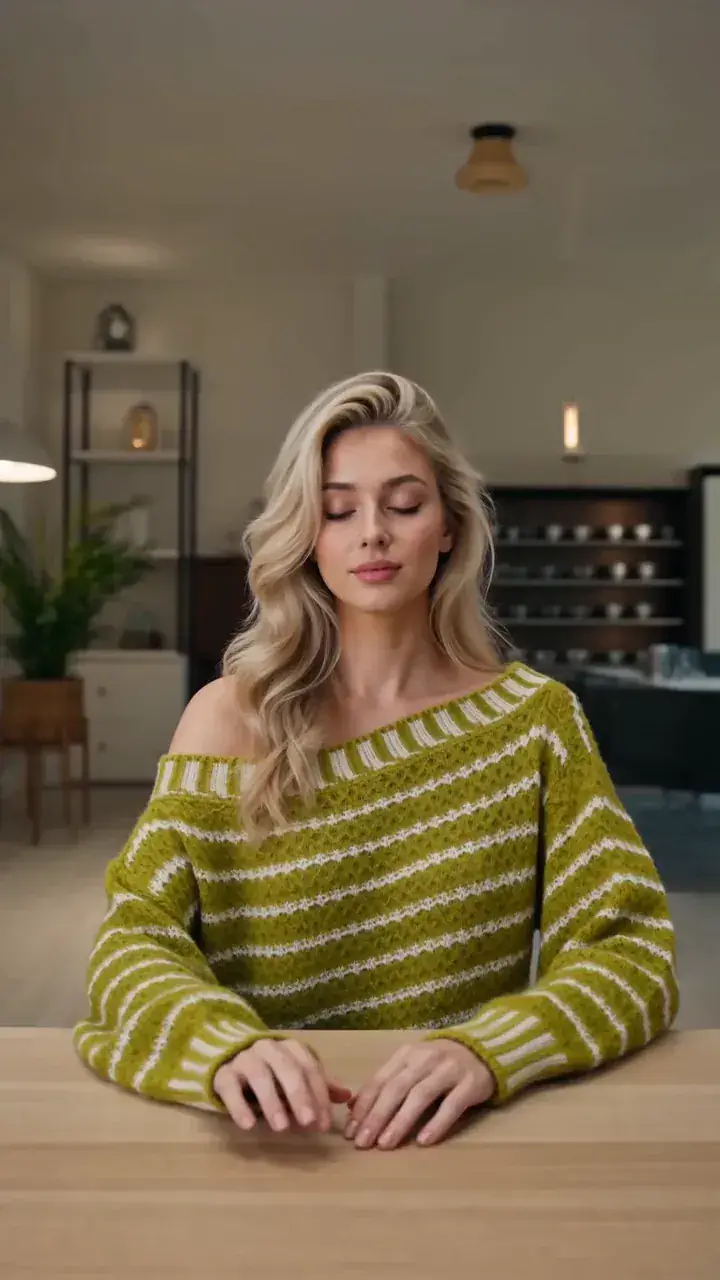 A woman sits still at a desk while the furniture showroom around her changes