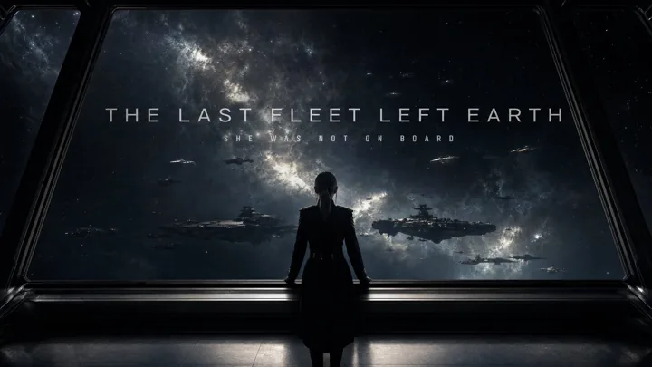 Visuel clé montrant une silhouette devant un hublot, le titre THE LAST FLEET LEFT EARTH déjà composé sur le champ d’étoiles