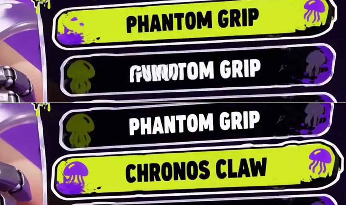 Le même panneau d’équipement deux fois : à 2,458 secondes la deuxième ligne est un doublon baveux de PHANTOM GRIP, à 2,958 secondes elle affiche nettement CHRONOS CLAW