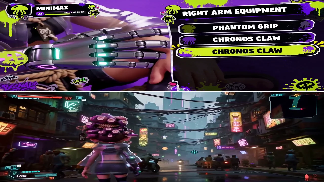 En haut : une interface de jeu où MINIMAX, RIGHT ARM EQUIPMENT, PHANTOM GRIP et CHRONOS CLAW sont nets et corrects. En bas : une rue cyberpunk où chaque enseigne au néon est illisible