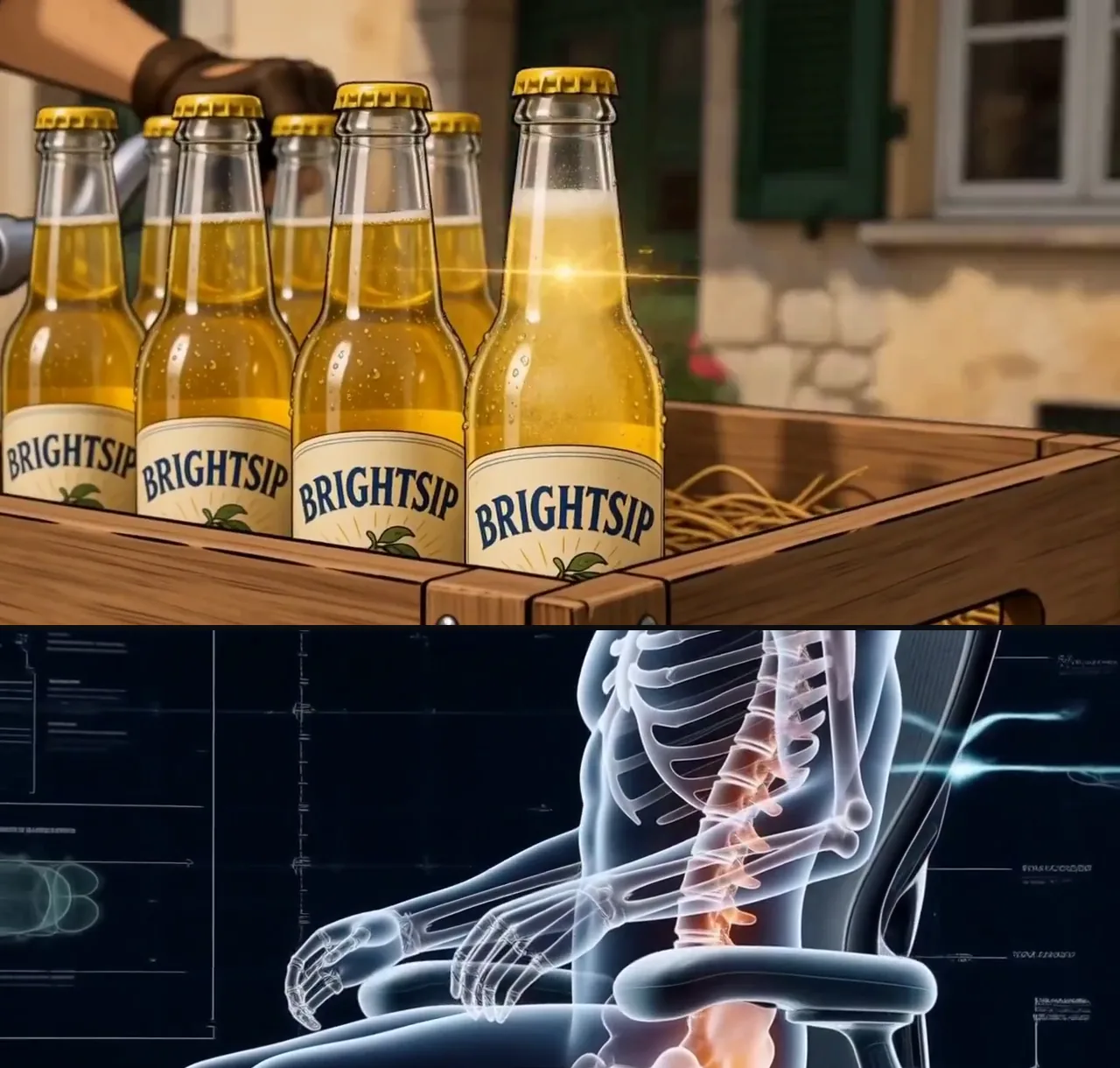 En haut : quatre bouteilles de limonade sur une caisse, chaque étiquette affichant clairement BRIGHTSIP. En bas : un schéma photoréaliste de siège ergonomique dont les panneaux HUD latéraux sont des taches illisibles
